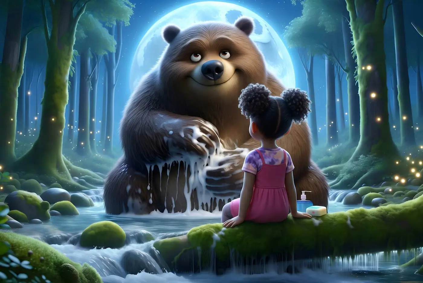 A friendly bear sitting beside a girl by a forest stream, from a Magic Story book