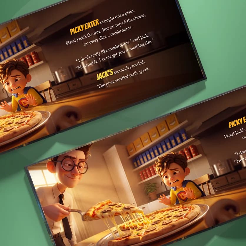 Illustrated spreads inside The Defender Vs Picky Eater personalized superhero book