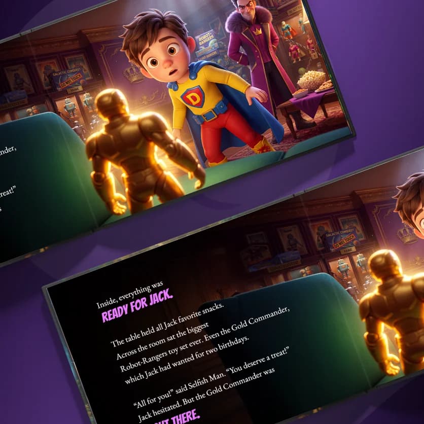 Illustrated spreads inside The Defender Vs Selfish Man personalized superhero book