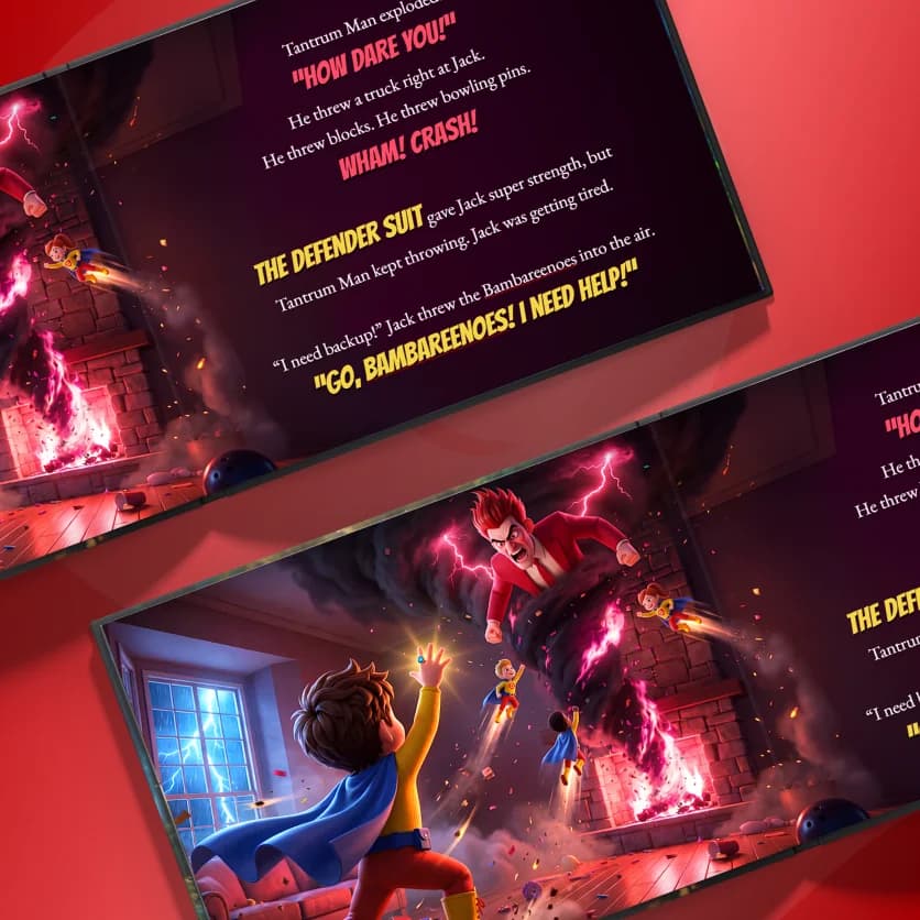 Illustrated spreads inside The Defender Vs Tantrum Man personalized superhero book