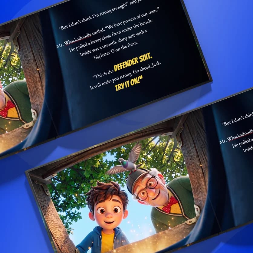 Illustrated spreads inside The Defender: The Beginning personalized superhero book