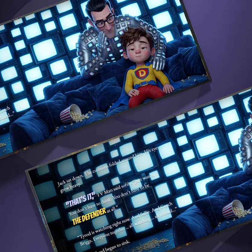 Illustrated spreads inside The Defender Vs TV Man personalized superhero book