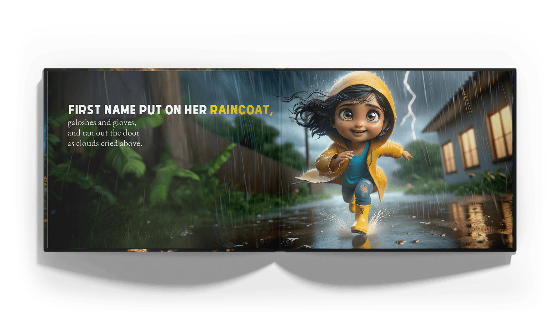 Where Does the Rain Go? interior spread showing a child exploring the water cycle — personalized by Magic Story