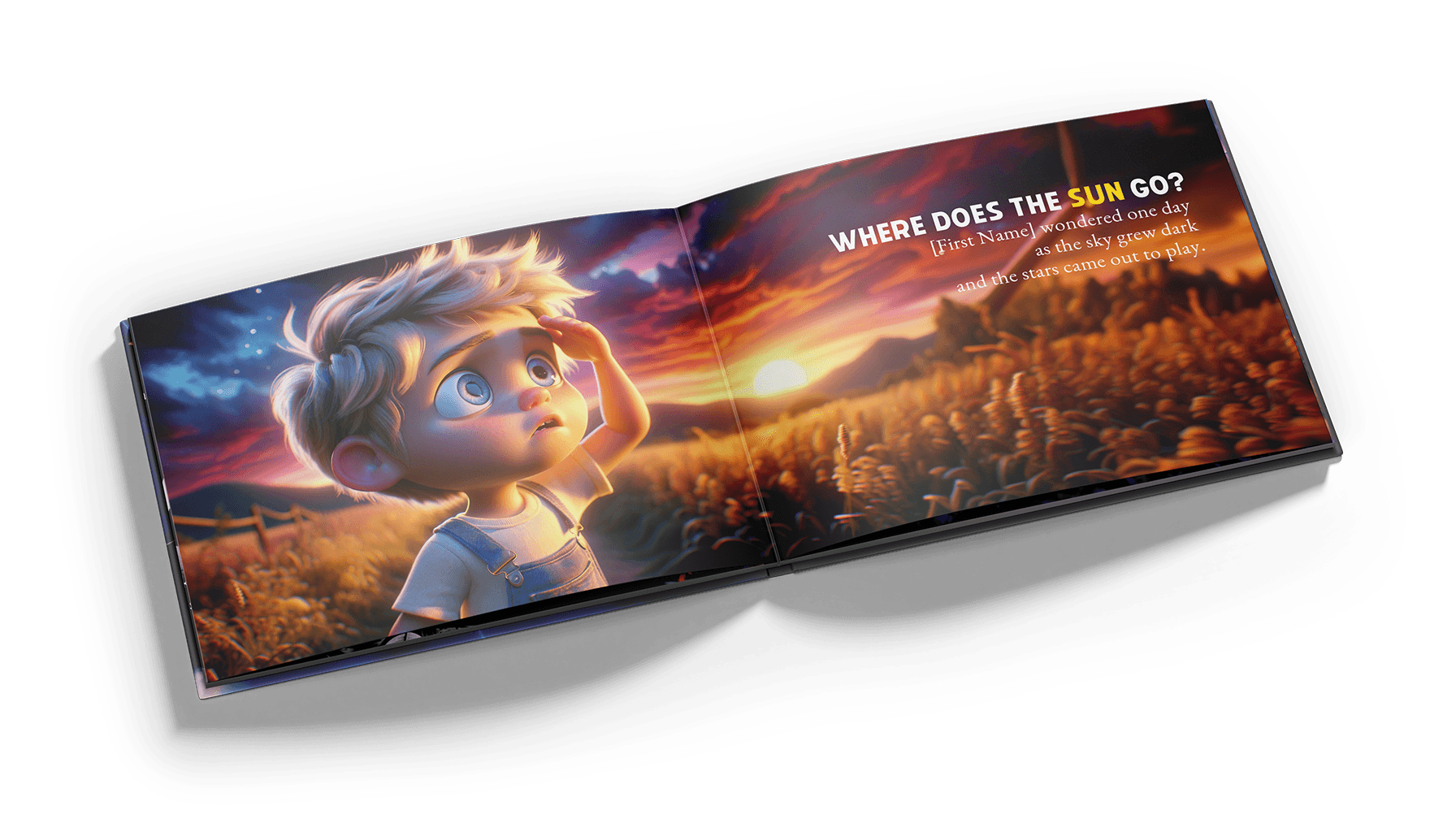 An interior page from Where Does the Sun Go? showing a child learning about day and night cycles through a magical adventure