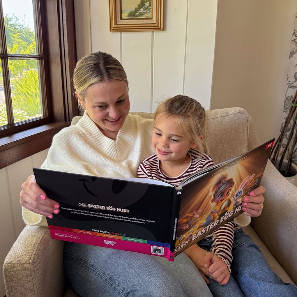 Two individuals reading a Magic Story book