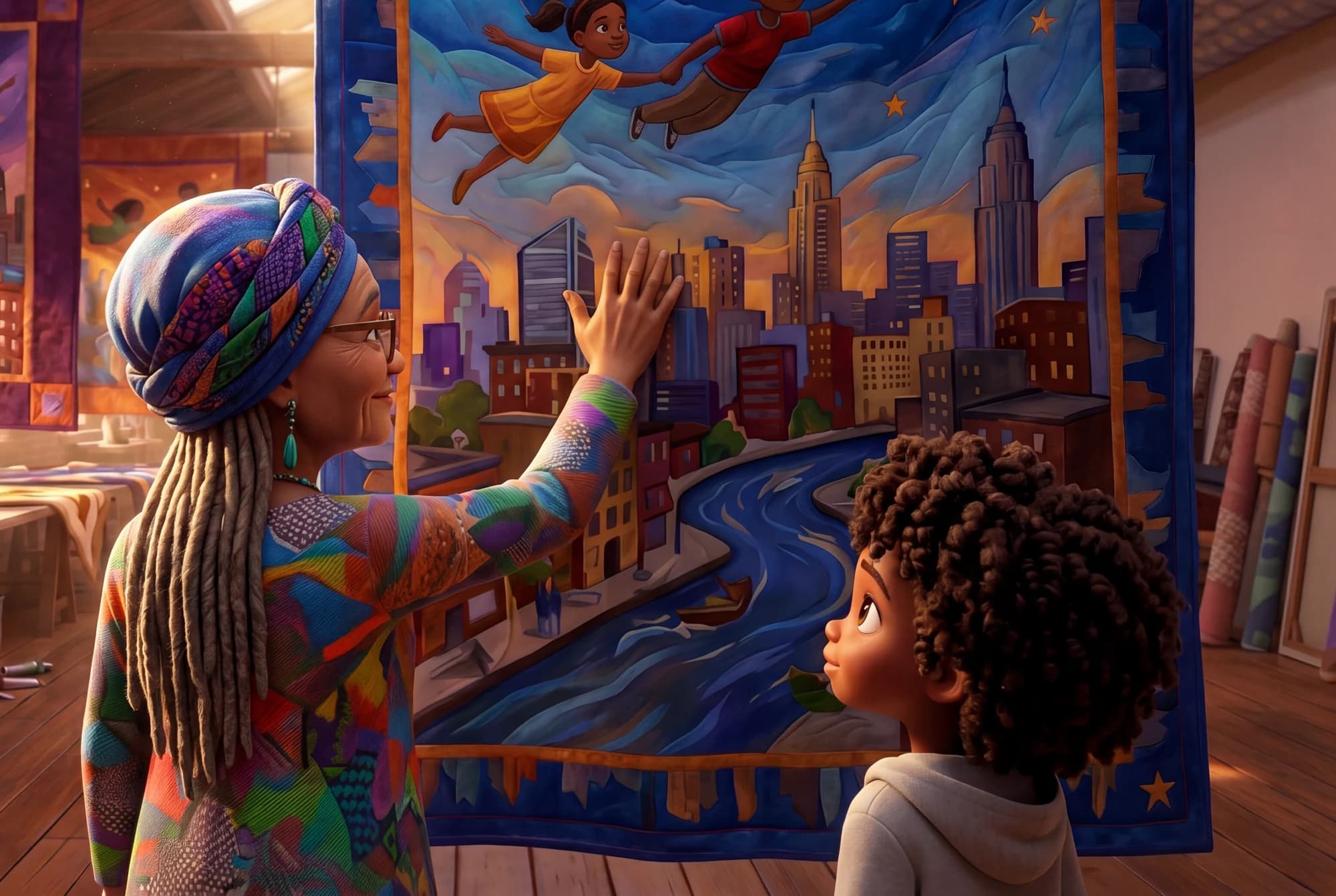 Faith Ringgold beside a colorful story quilt, with a child looking at it in The Dream Carriers: Courage.