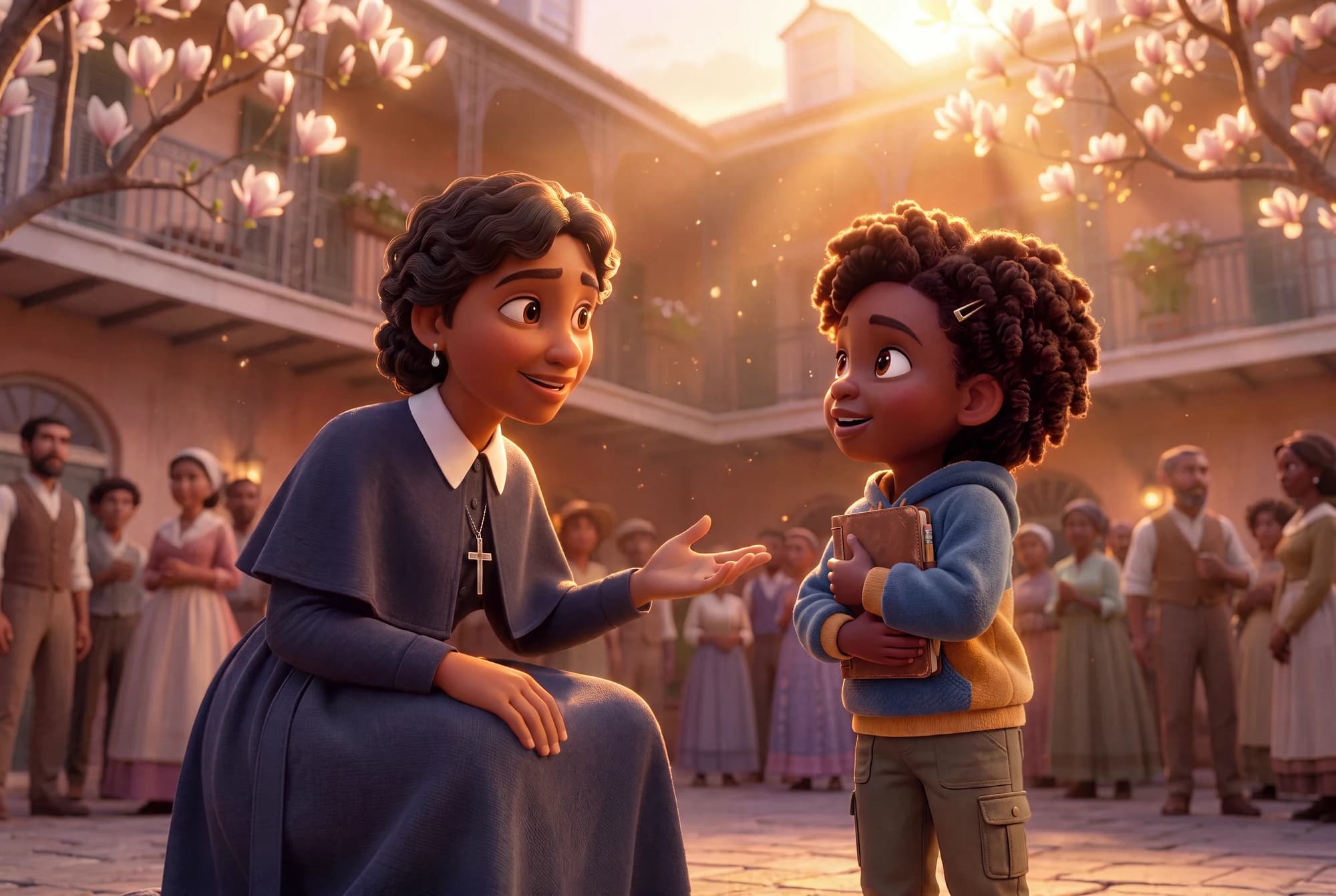 Henriette Delille kneeling beside a child in a courtyard filled with neighbors in The Dream Carriers: Roots.