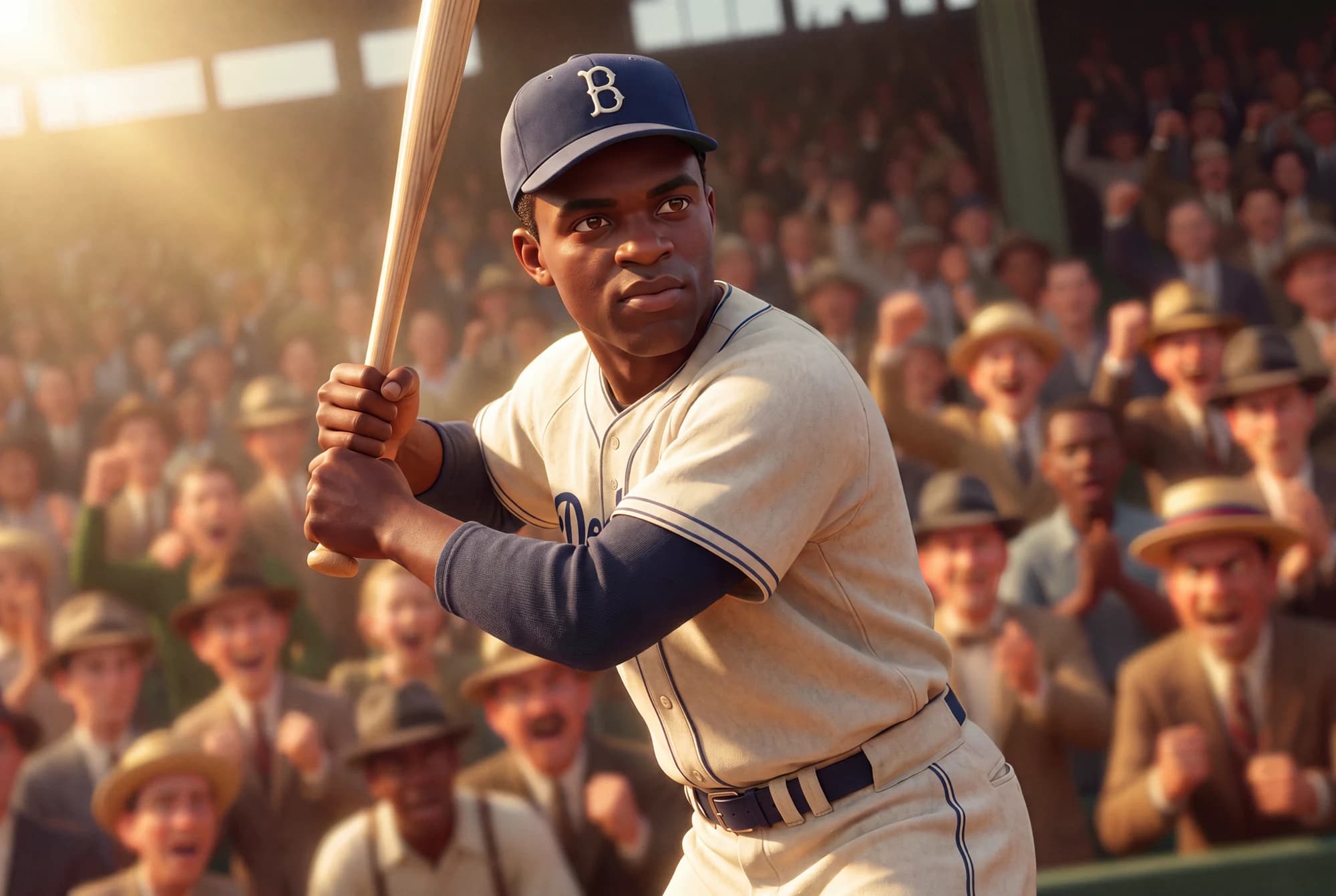 Jackie Robinson holding a bat in front of a baseball crowd in The Dream Carriers: Courage.