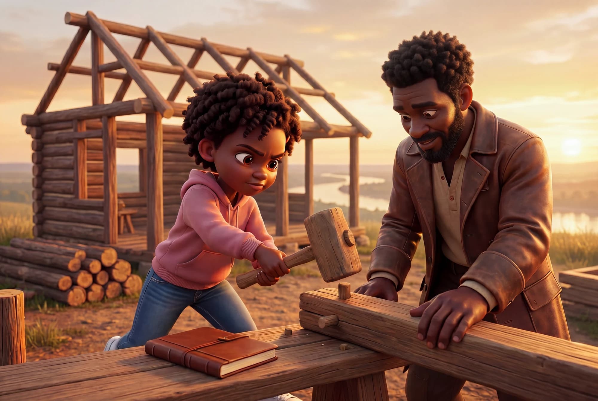 Jean Baptiste Point du Sable and a child steadying a wooden beam beside a cabin in The Dream Carriers: Belief.