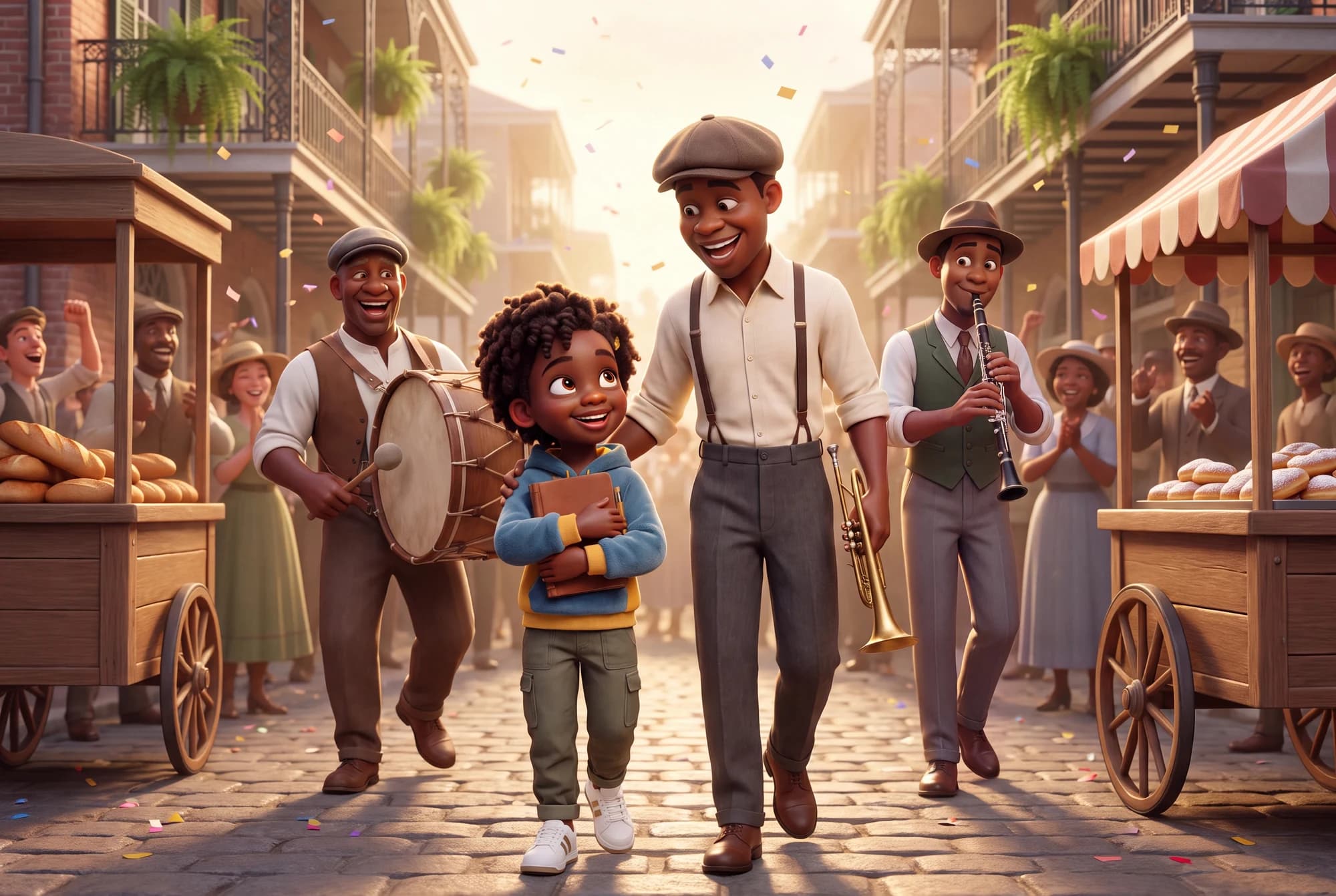 Louis Armstrong carrying a cornet and walking beside a child in a New Orleans parade in The Dream Carriers: Roots.