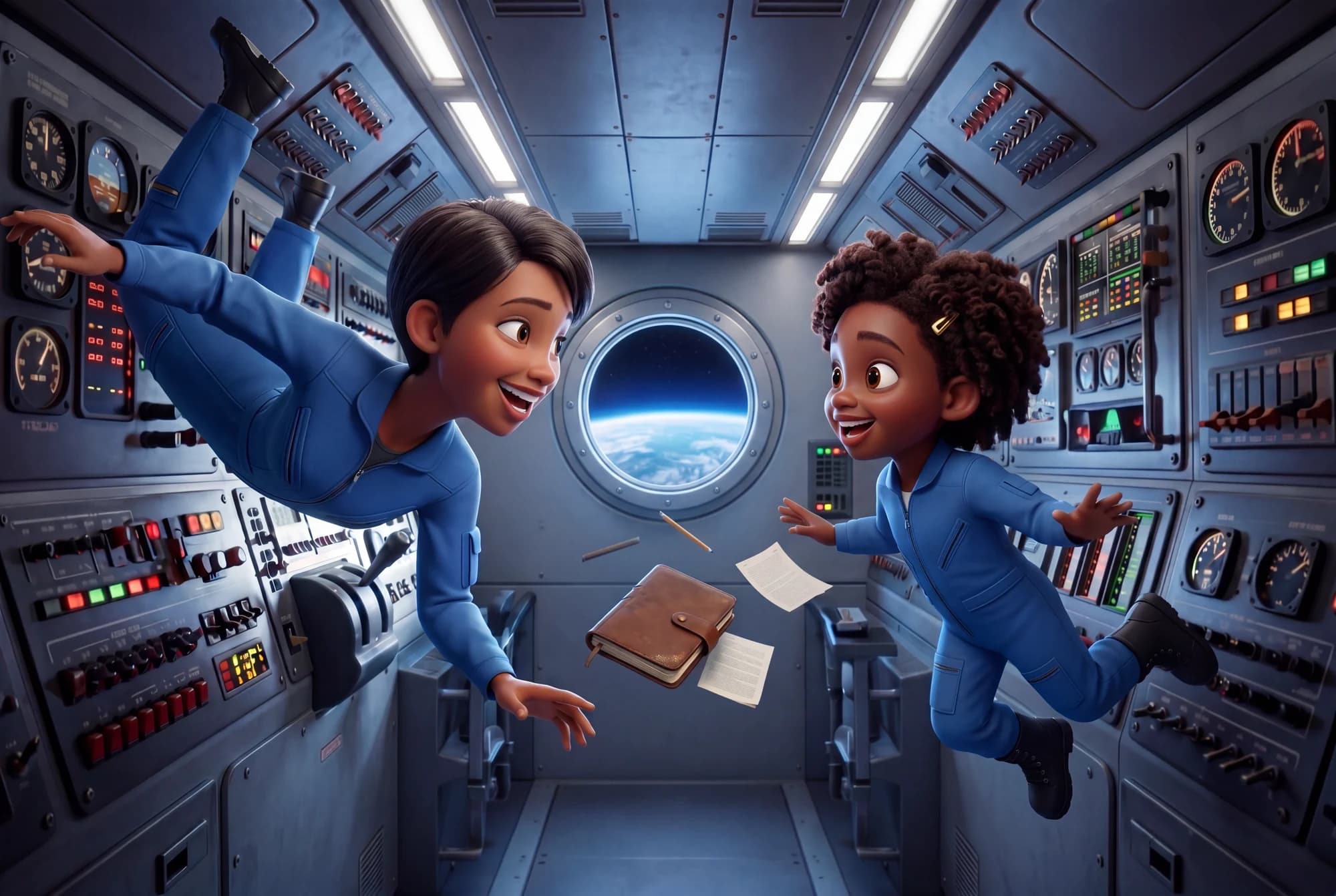 Mae Jemison and a child floating inside a spacecraft with Earth visible through a window in The Dream Carriers: Belief.