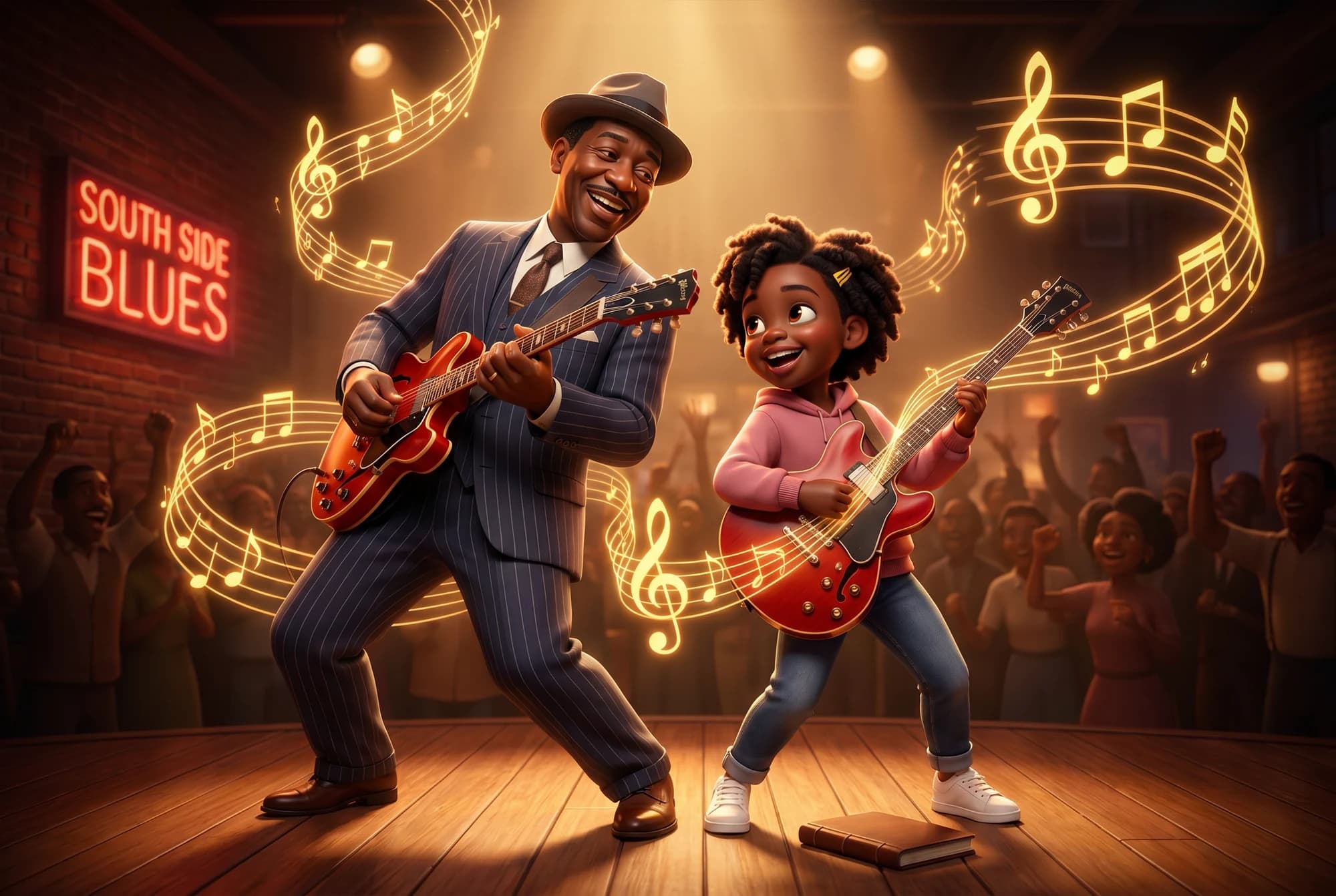Muddy Waters and a child playing guitars together before an audience in The Dream Carriers: Belief.