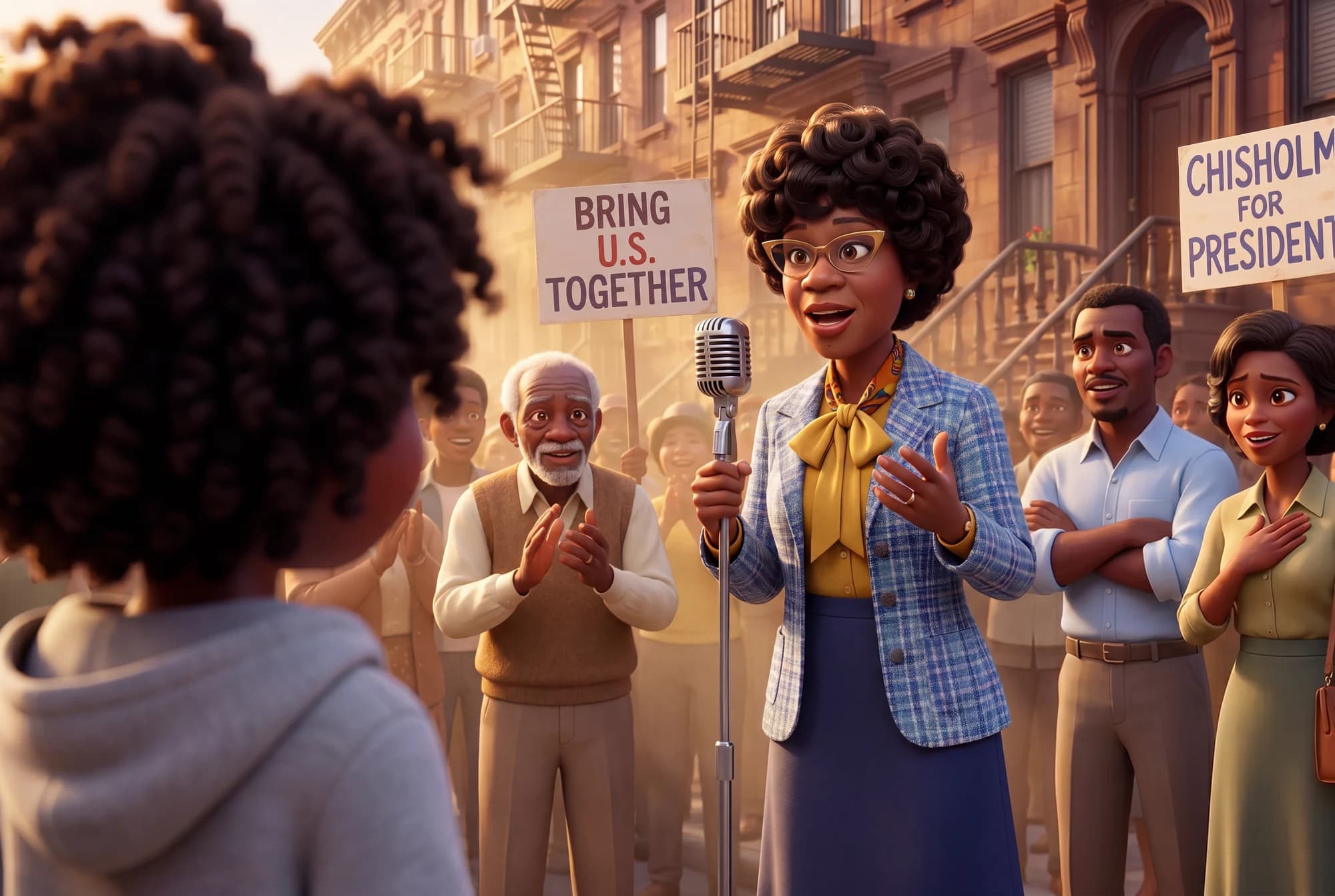 Shirley Chisholm speaking into a microphone as a child watches from the crowd in The Dream Carriers: Courage.