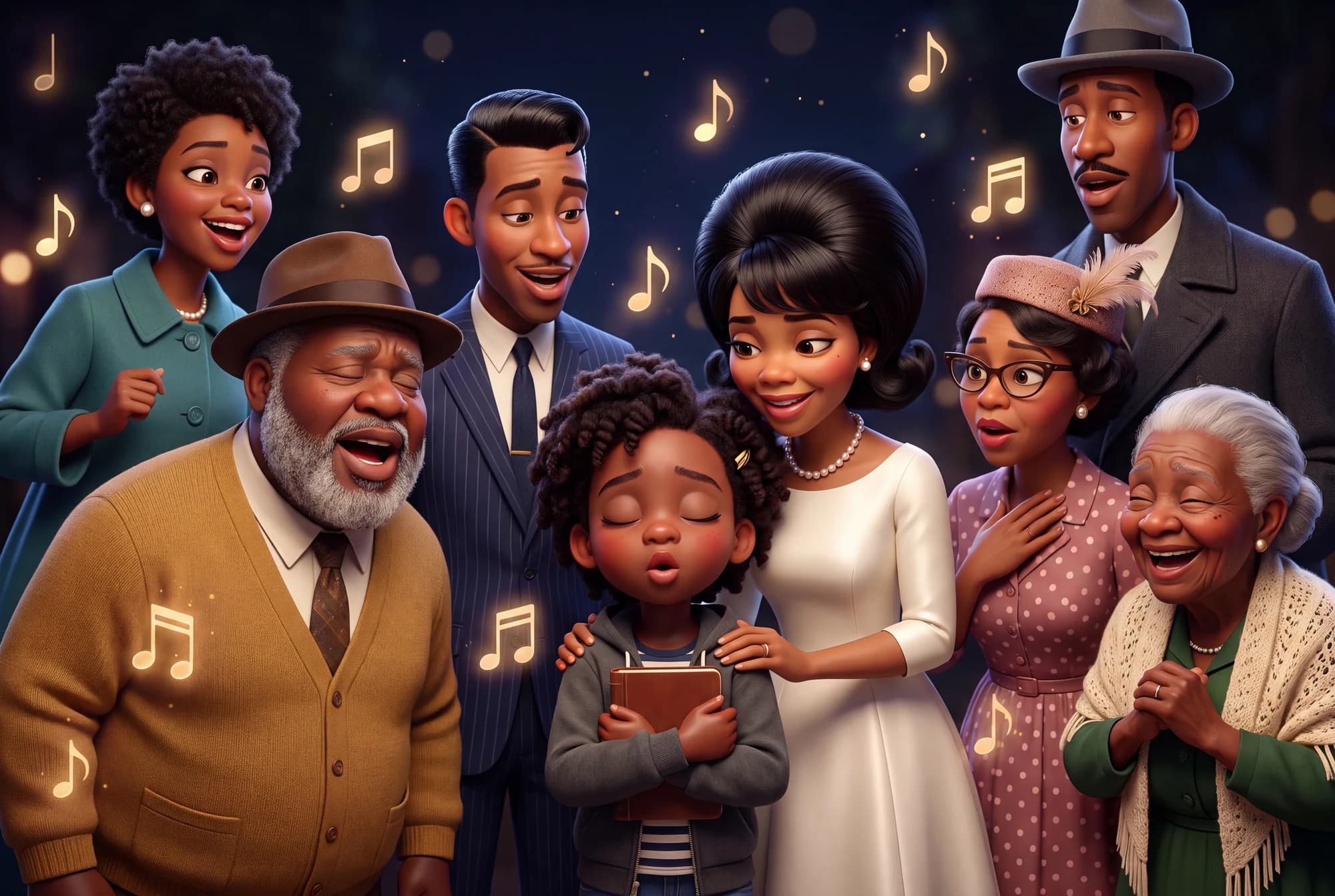Coretta Scott King beside a child singing with a group of people in The Dream Carriers: Hope.