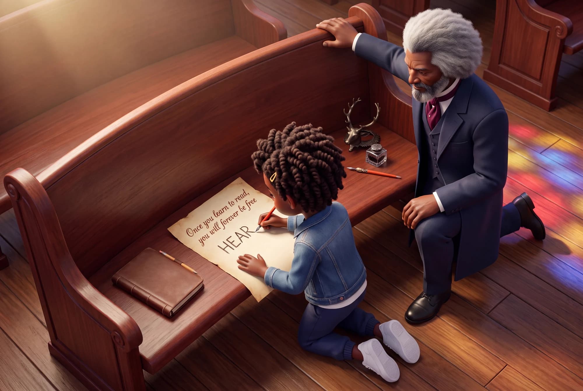 Frederick Douglass beside a child writing the word HEAR with a pen in The Dream Carriers: Justice.
