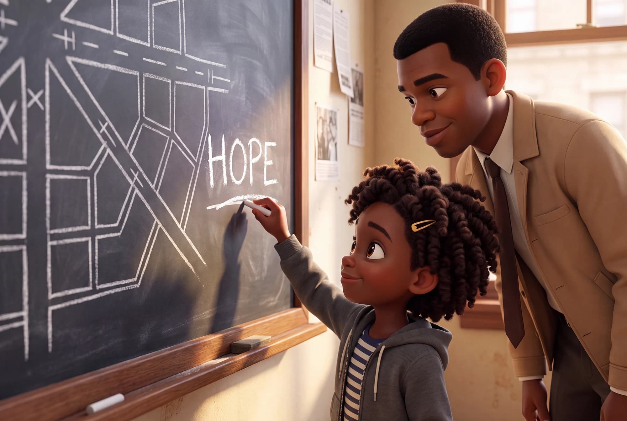 John Lewis watching a child write HOPE on a chalkboard in The Dream Carriers: Hope.