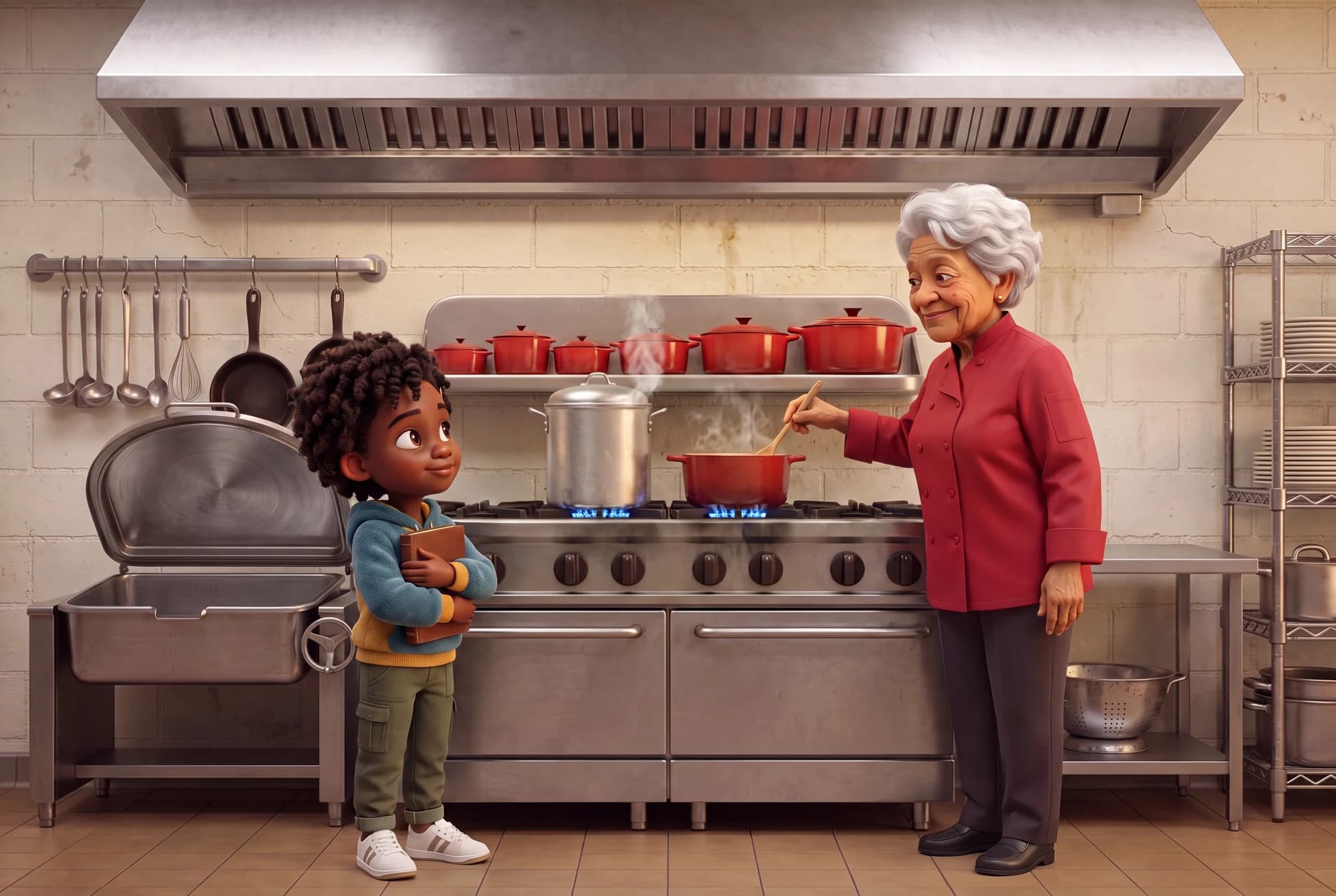 Leah Chase in a red coat at a stove, with a child watching from beside her in The Dream Carriers: Roots.