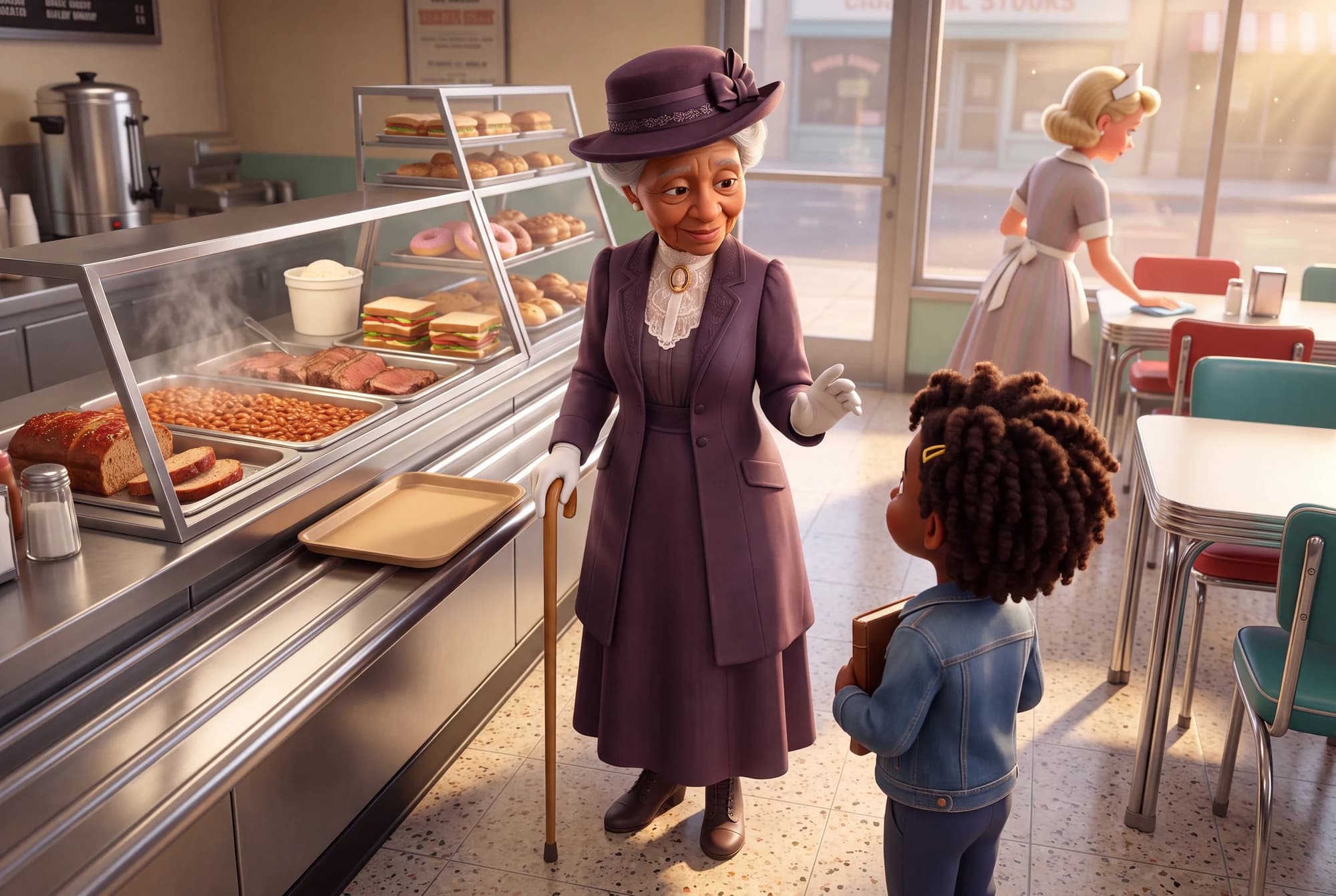Mary Church Terrell standing in a cafeteria line with a child beside her in The Dream Carriers: Justice.