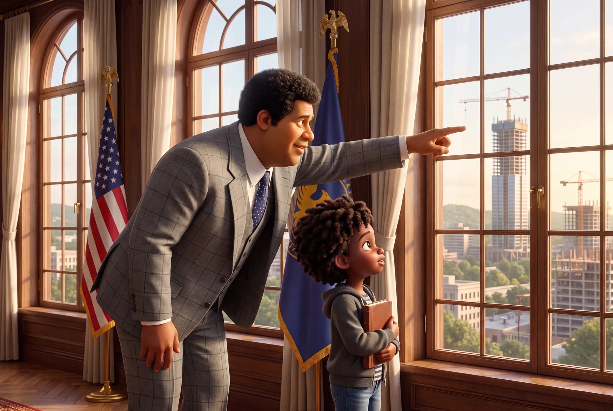 Maynard Jackson pointing out construction through a window as a child looks across Atlanta in The Dream Carriers: Hope.