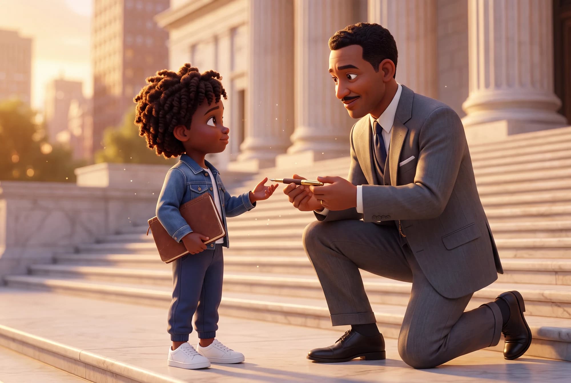 Thurgood Marshall kneeling on courthouse steps to hand a pen to a child in The Dream Carriers: Justice.