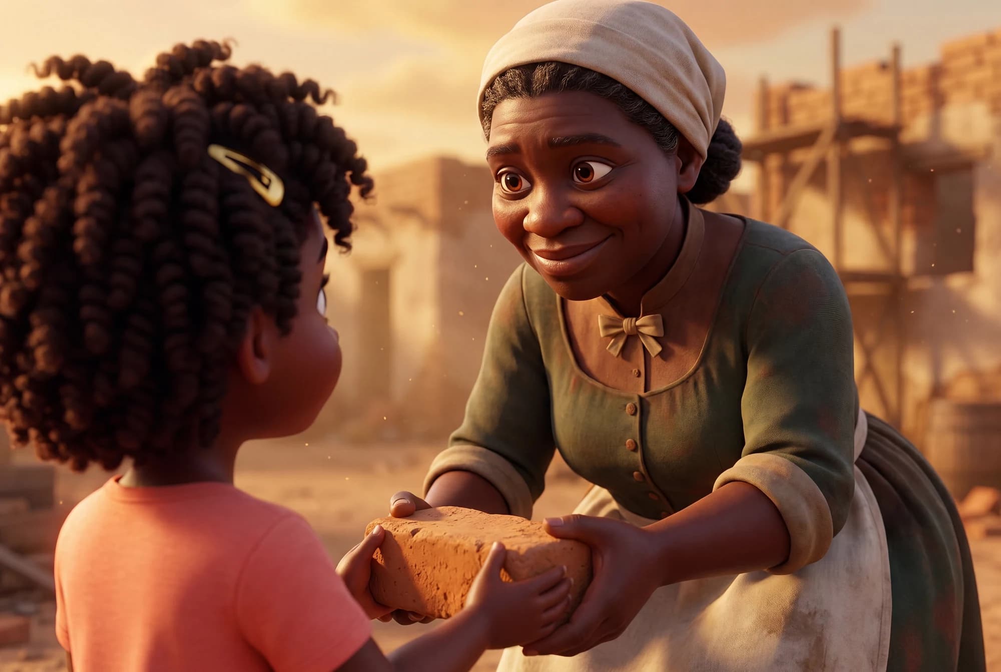 Biddy Mason placing a brick into a child’s hands in The Dream Carriers: Imagination.