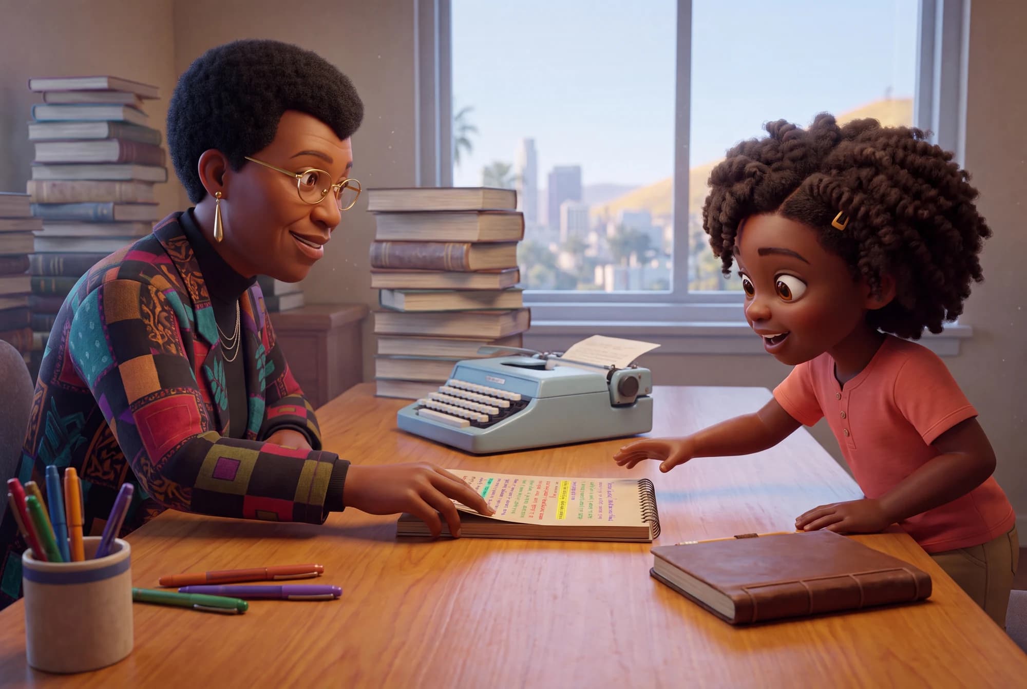 Octavia E. Butler sharing a notebook with a child across a desk with books and a typewriter in The Dream Carriers: Imagination.