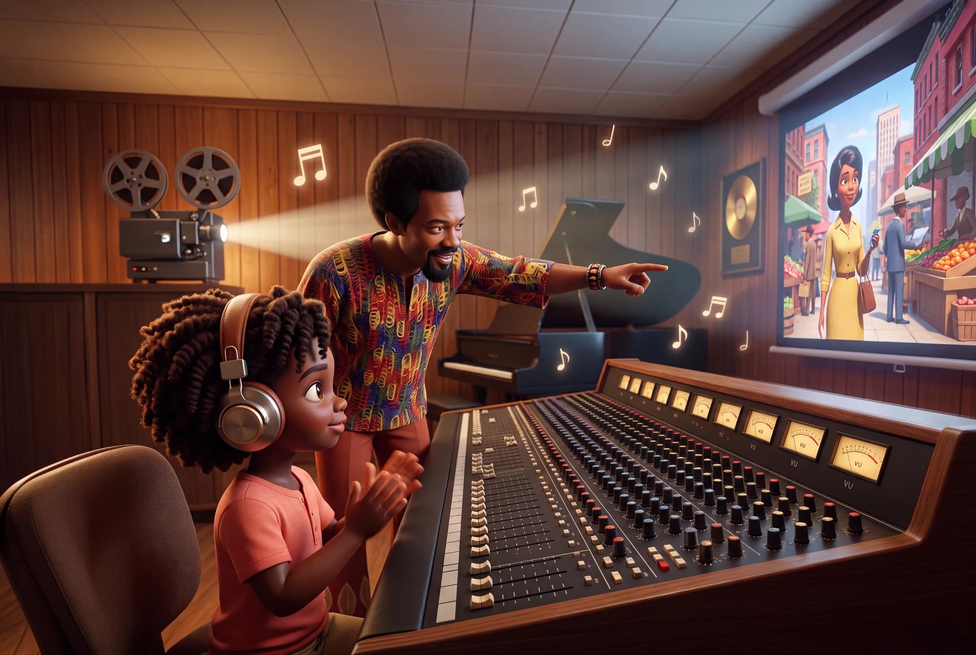 Quincy Jones pointing toward a film screen as a child claps beside a studio mixing desk in The Dream Carriers: Imagination.