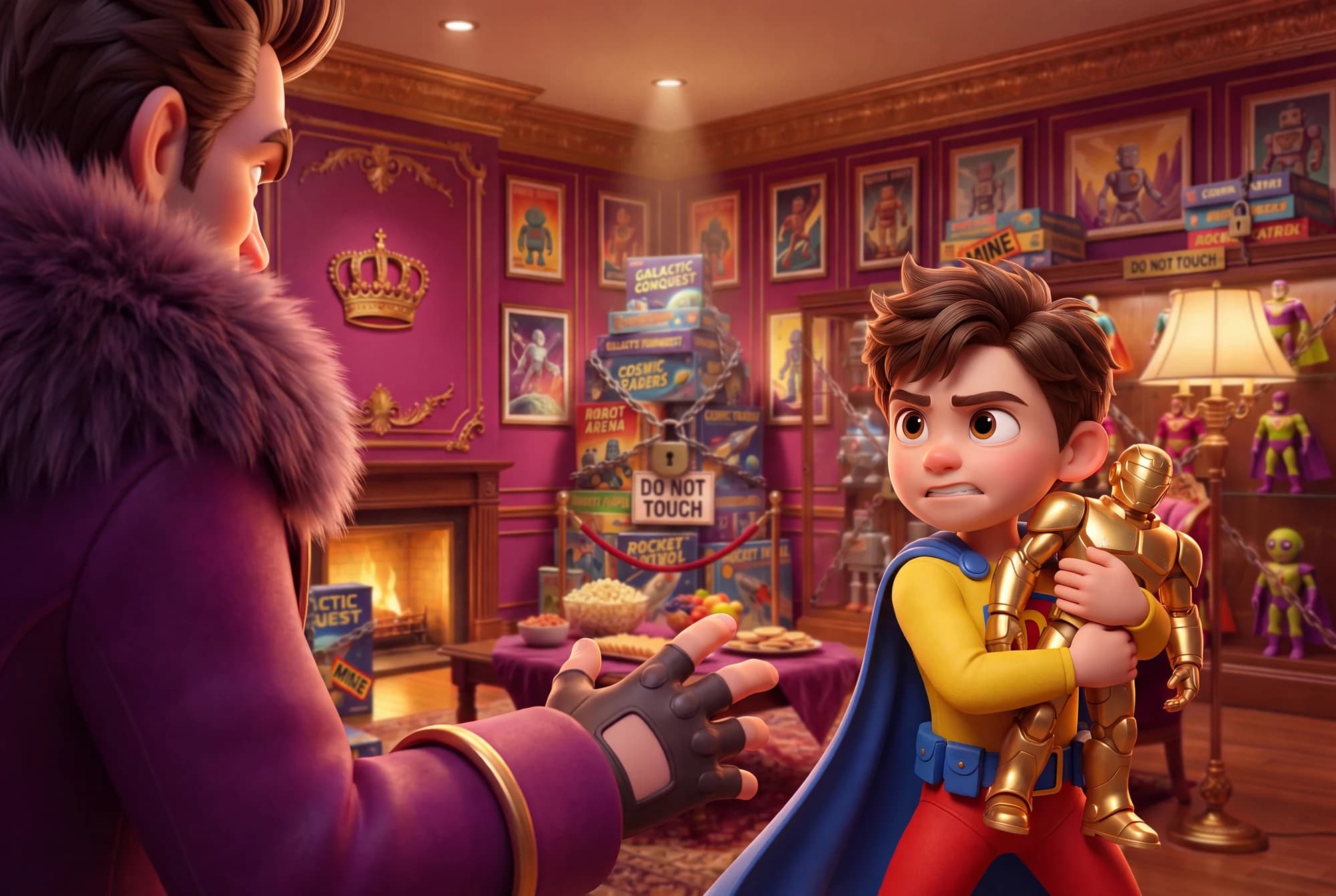 The young Defender clutching the gold toy against their chest while Selfish Man reaches out an open hand.