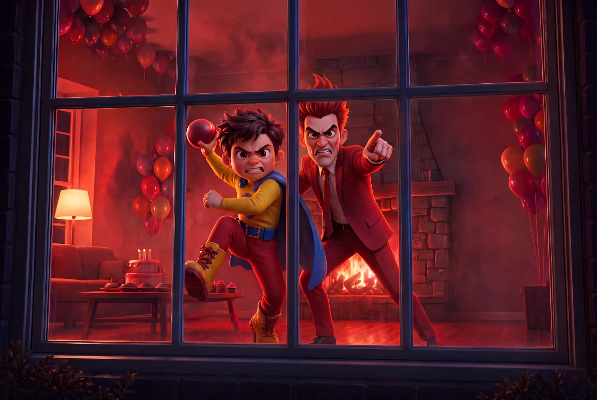 Tantrum Man pointing toward a window while the young Defender holds a ball ready to throw in The Defender vs Tantrum Man.