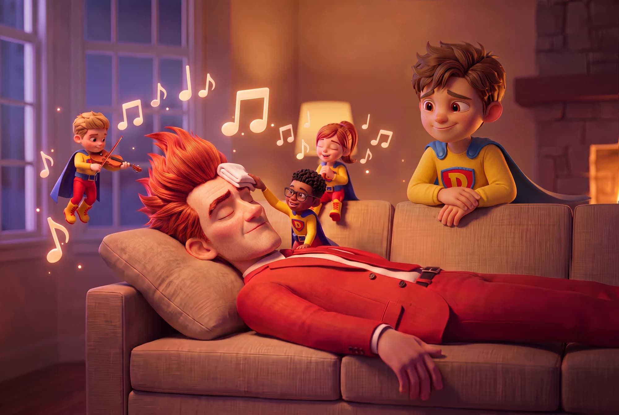Tantrum Man resting on a couch as three Bambareenoes play music, sing and hold a washcloth to his head while the Defender watches.