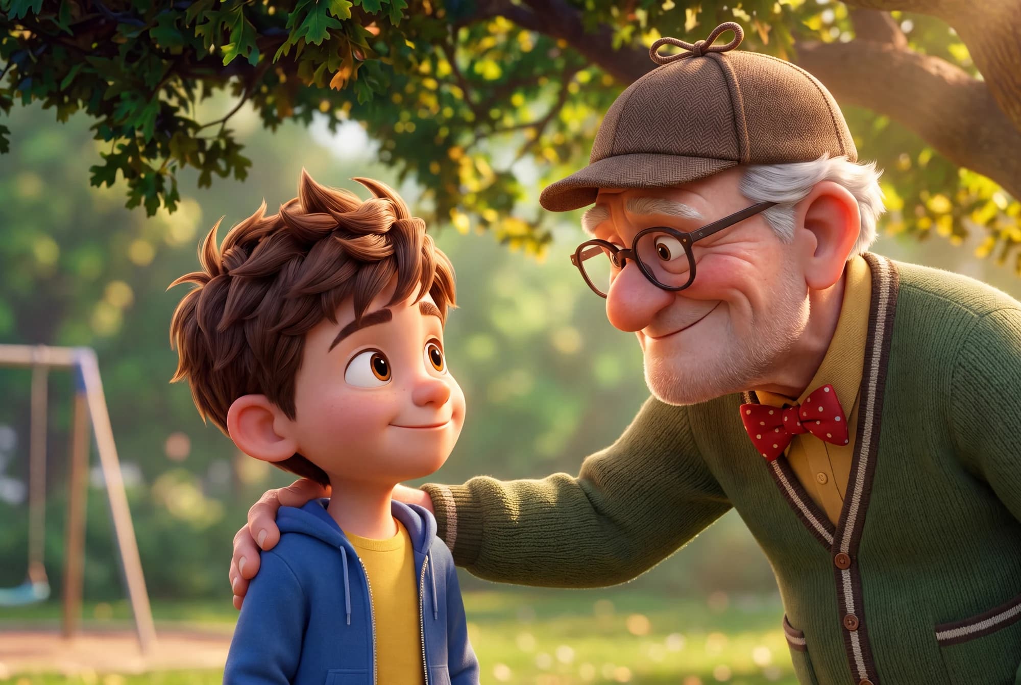 Mr. Whackadoodle resting a hand on a child’s shoulder in the park in The Defender: The Beginning.
