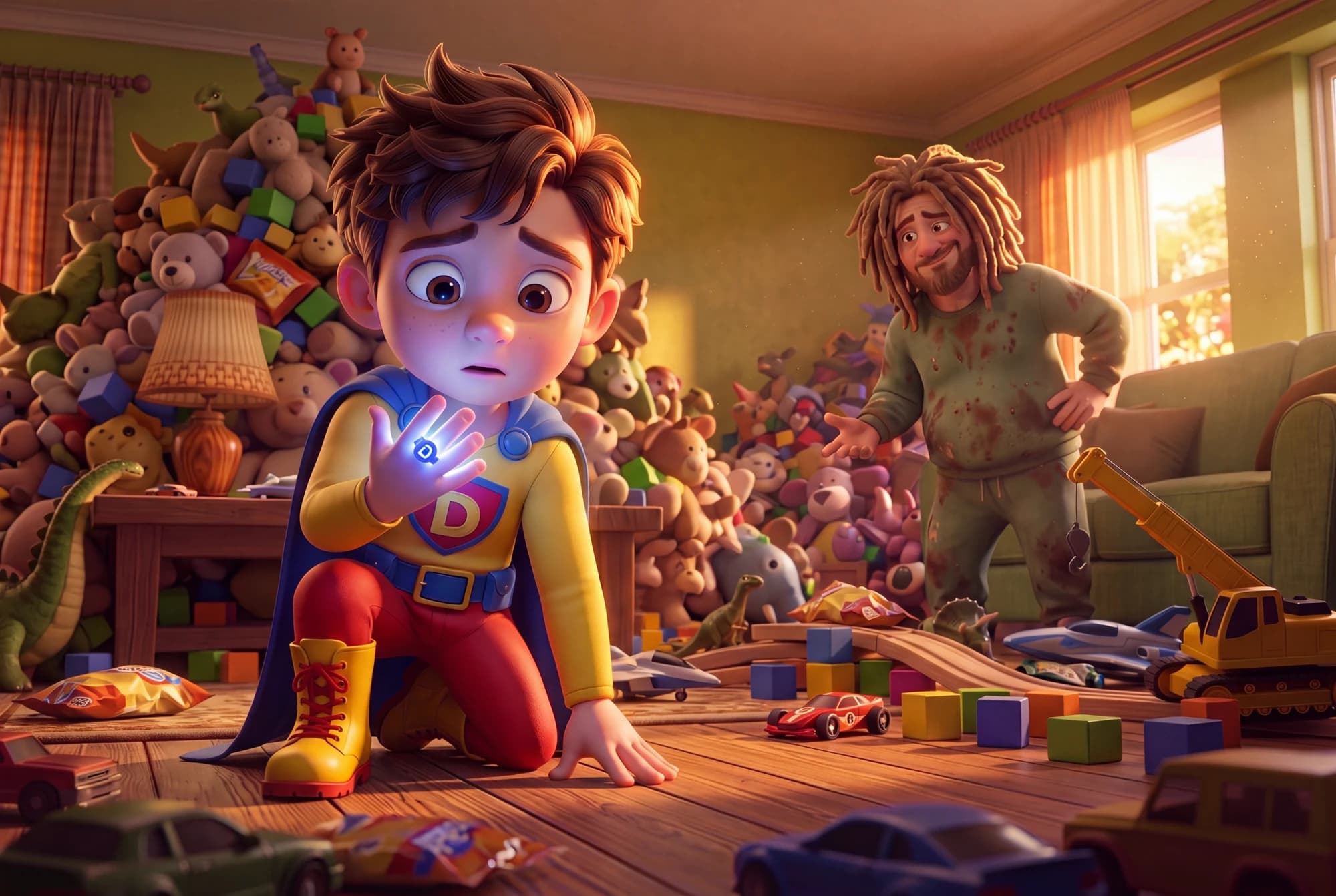 The Defender looking at a glowing Ring amid piles of toys and wrappers, with Messy Man behind them in stained clothes.