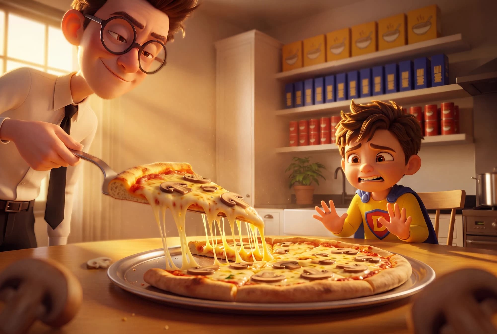 Picky Eater serving mushroom pizza while the young Defender leans back with both hands raised.