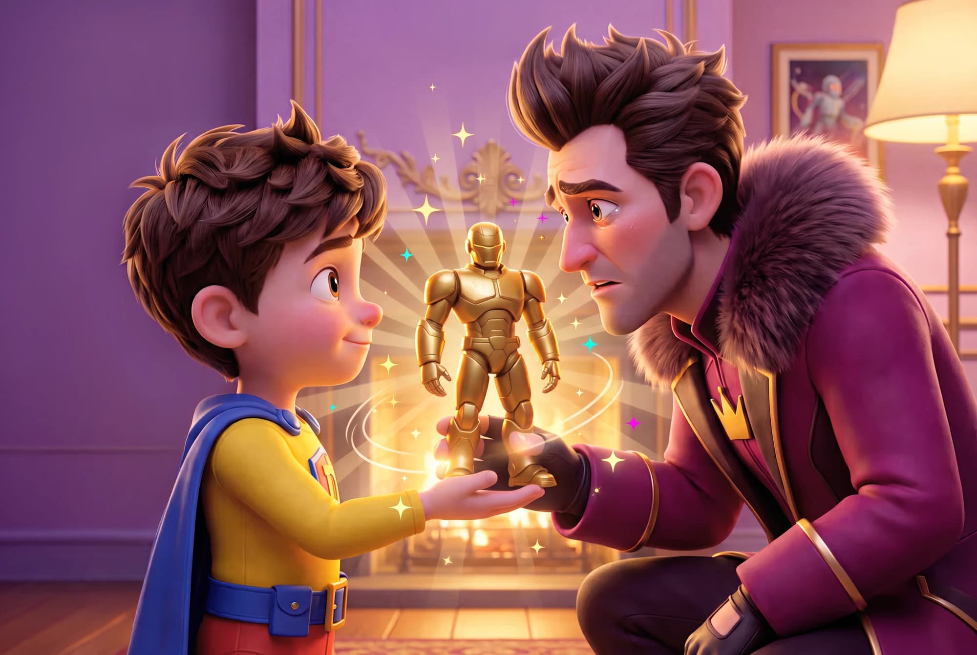 The young Defender offering the Gold Commander toy to a surprised Selfish Man in The Defender vs Selfish Man.
