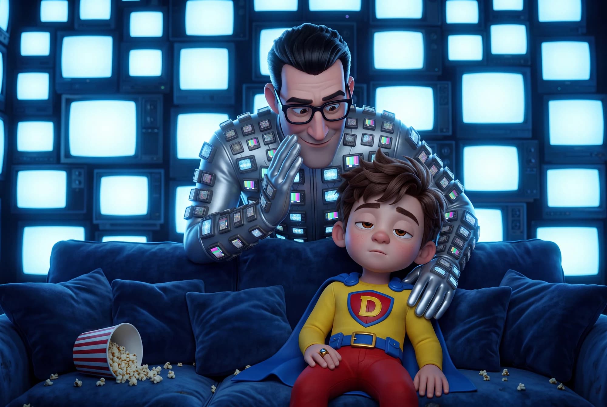 TV Man leaning over the drowsy young Defender on a couch surrounded by glowing television screens.