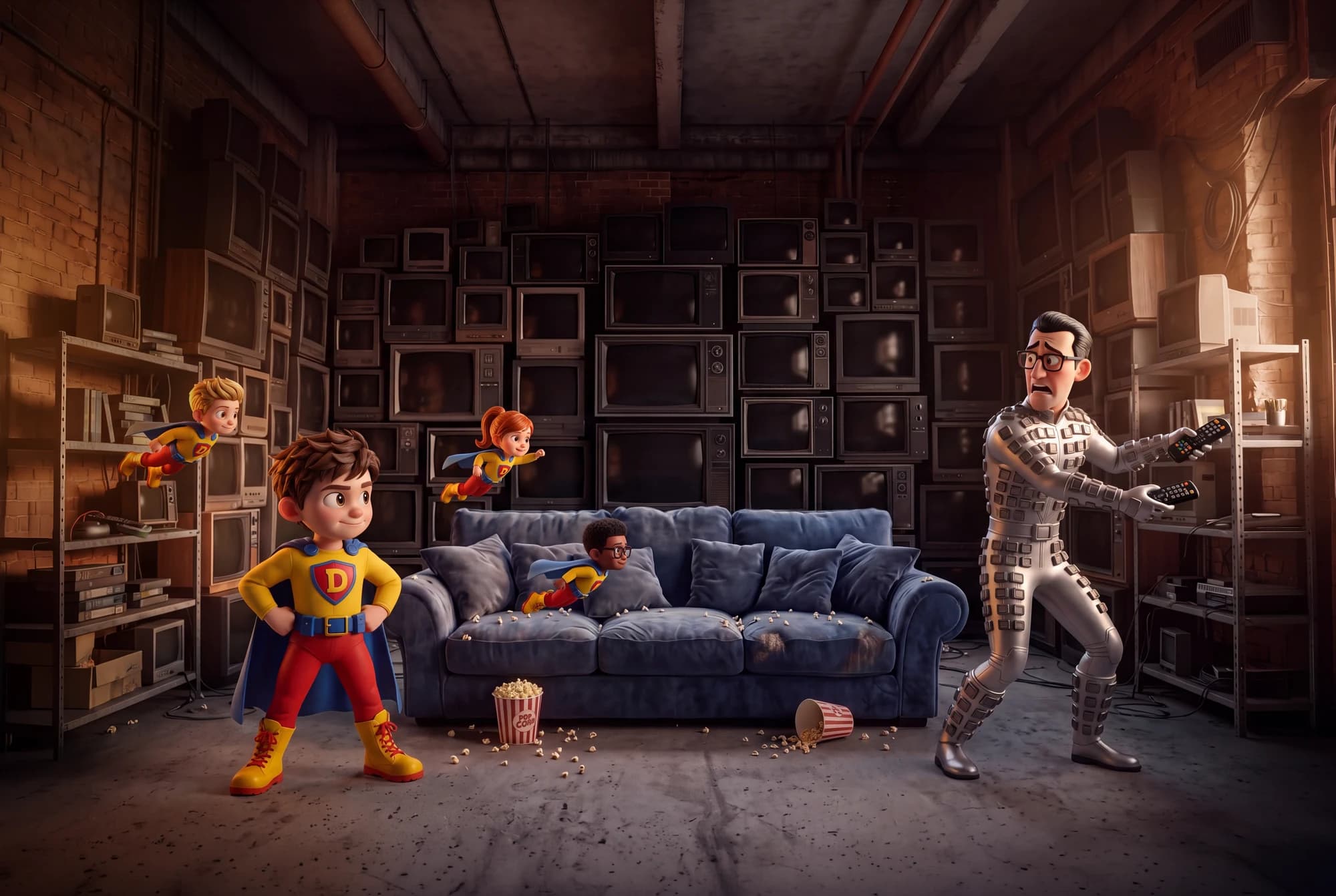 The Defender and three Bambareenoes standing in TV Man’s hideout after the television screens go dark, while TV Man holds his remotes.