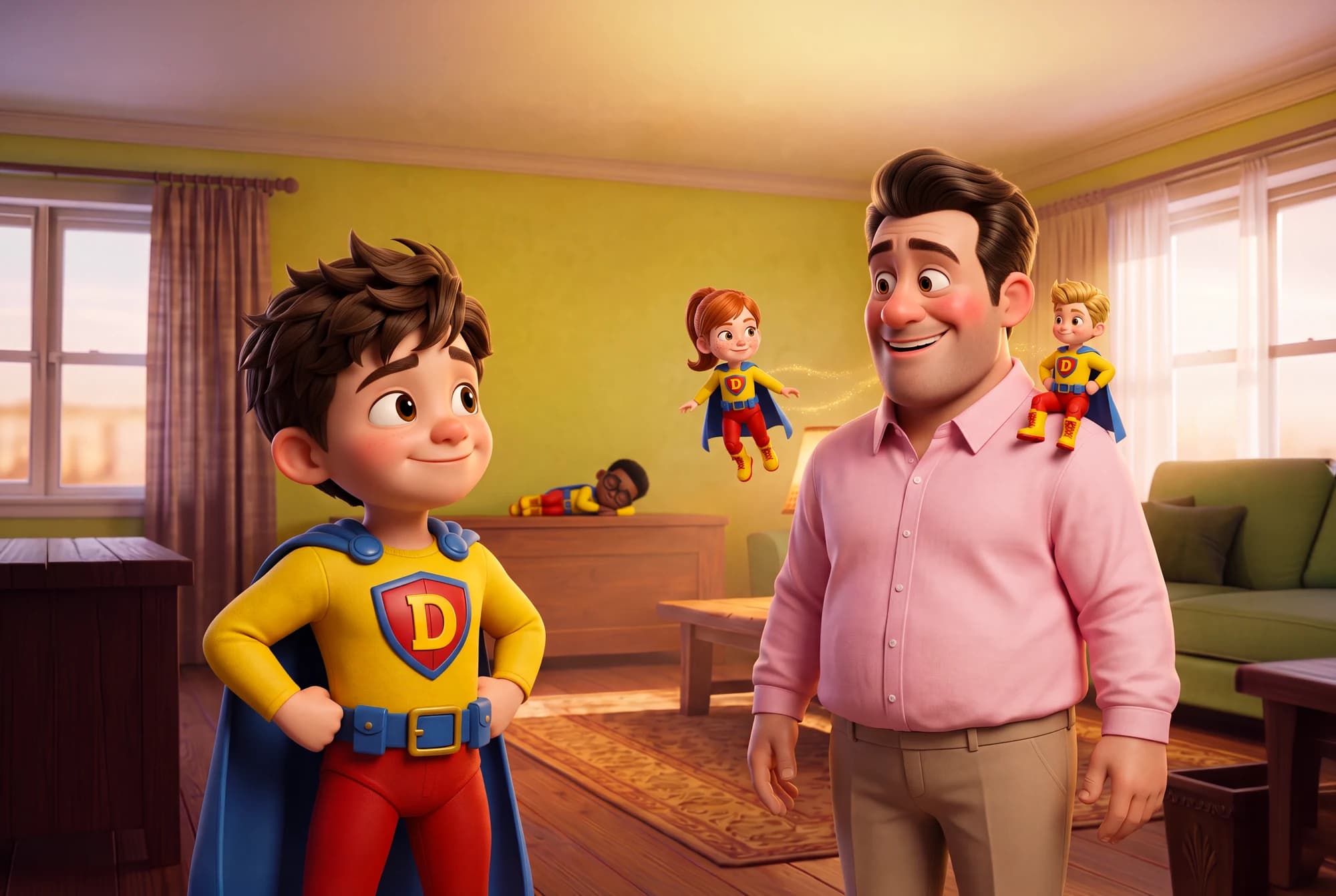 The Defender and Messy Man smiling in the clean room, with three Bambareenoes nearby and Messy Man wearing a pink shirt and tan pants.