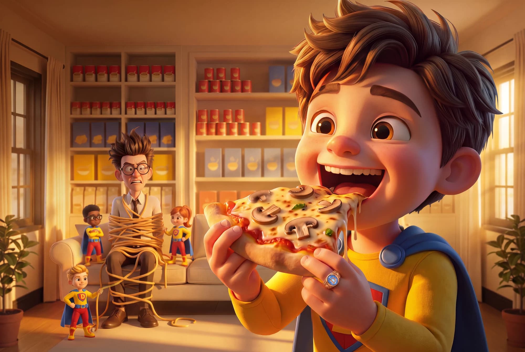 The young Defender lifting mushroom pizza toward their mouth, with Picky Eater tied in spaghetti on a chair and the Bambareenoes behind them.