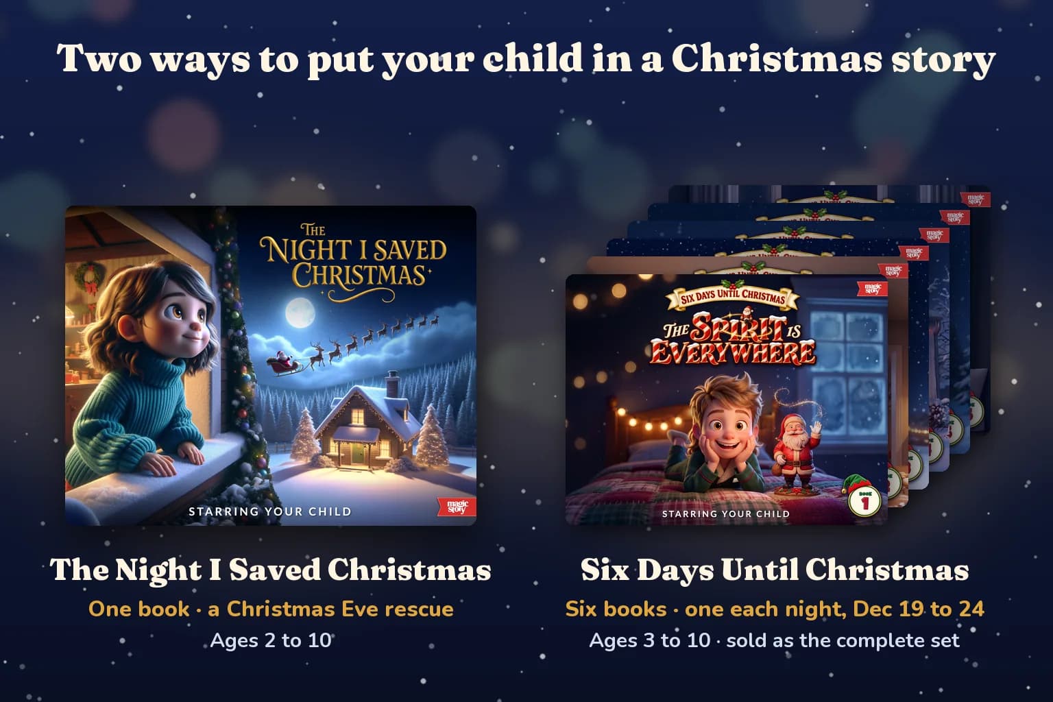 The Night I Saved Christmas cover beside a stack of the six Six Days Until Christmas covers, with the ages and reading nights for each.