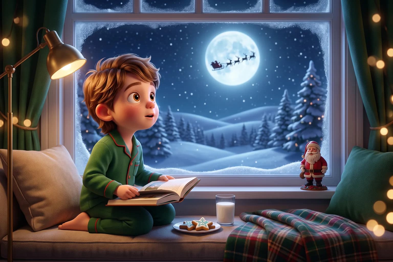 A child in green pajamas looks up from a book at a sleigh crossing the full moon on Christmas Eve.