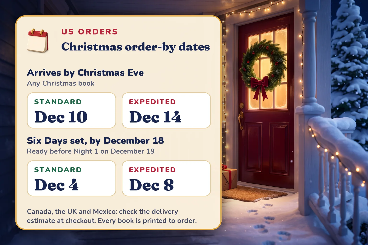 US Christmas order-by dates: December 10 Standard or December 14 Expedited for arrival by Christmas Eve, and December 4 or December 8 for the Six Days set.