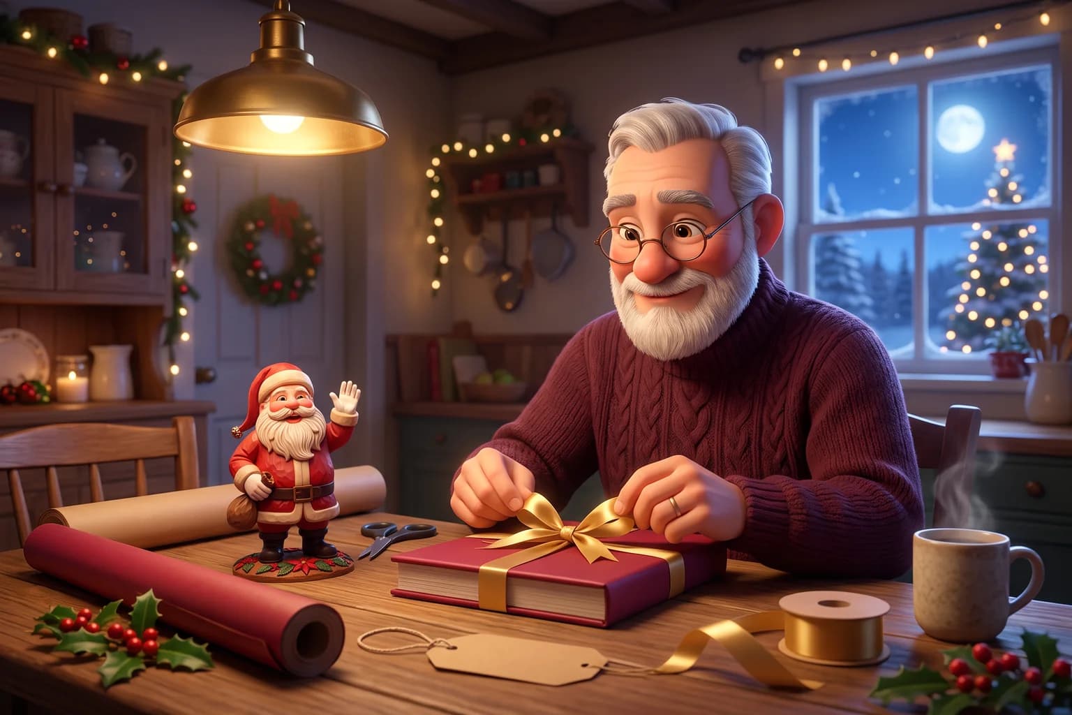 A grandfather ties a gold ribbon around a red hardcover book at his kitchen table.