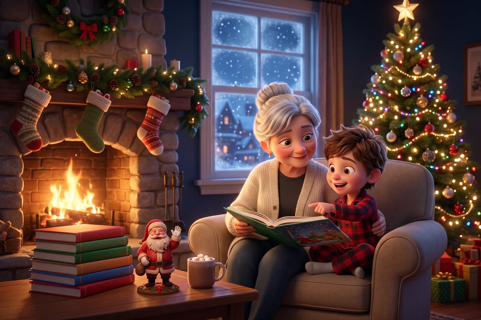 A grandmother and a child in plaid pajamas read a picture book together by the fire on Christmas Eve.