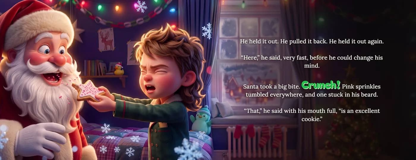 A sample spread from The Spirit Is Everywhere: the example child holds out a pink-sprinkled star cookie to Santa.