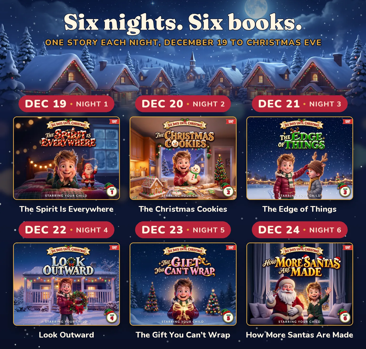 Six Days Until Christmas reading calendar: one book each night from December 19 to December 24, with each book's cover.