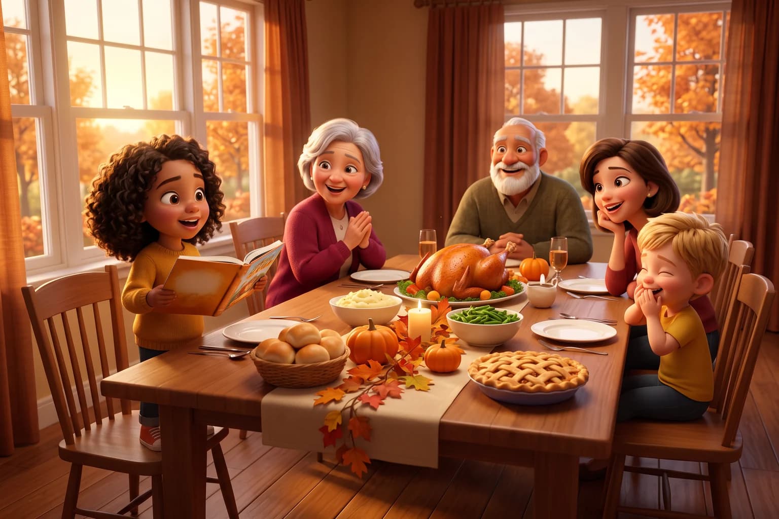 A girl in a mustard sweater reads aloud from a picture book at the end of a Thanksgiving table while her grandparents, mom and cousin laugh.