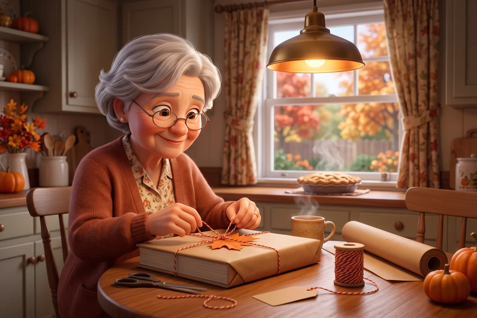 A smiling grandmother in a rust cardigan ties red-and-cream twine around a book wrapped in brown paper at her kitchen table, with a pie cooling on the windowsill.