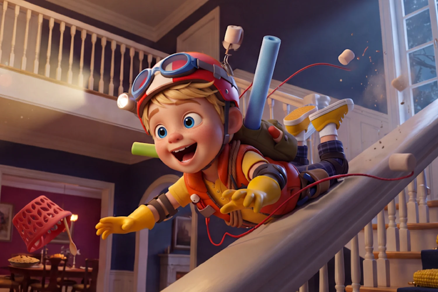 The example child slides down a banister in a red helmet, goggles and big yellow gloves in Guard the Pie.