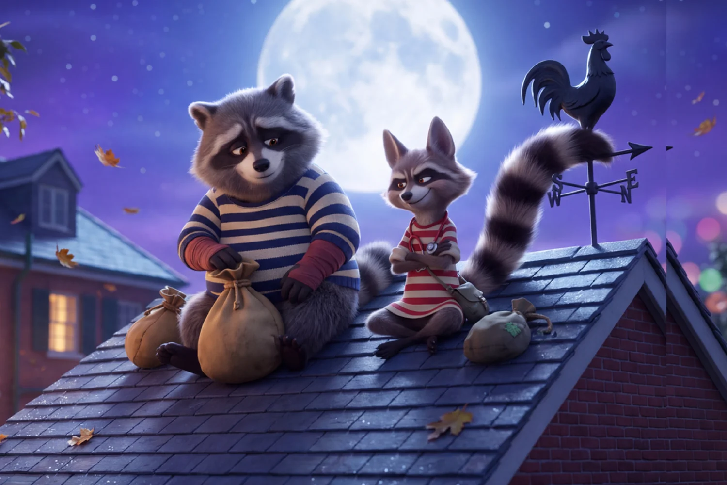 Rumble and Crumb, two raccoons in striped shirts, sit on a garage roof under a full moon with their sacks in Guard the Pie.
