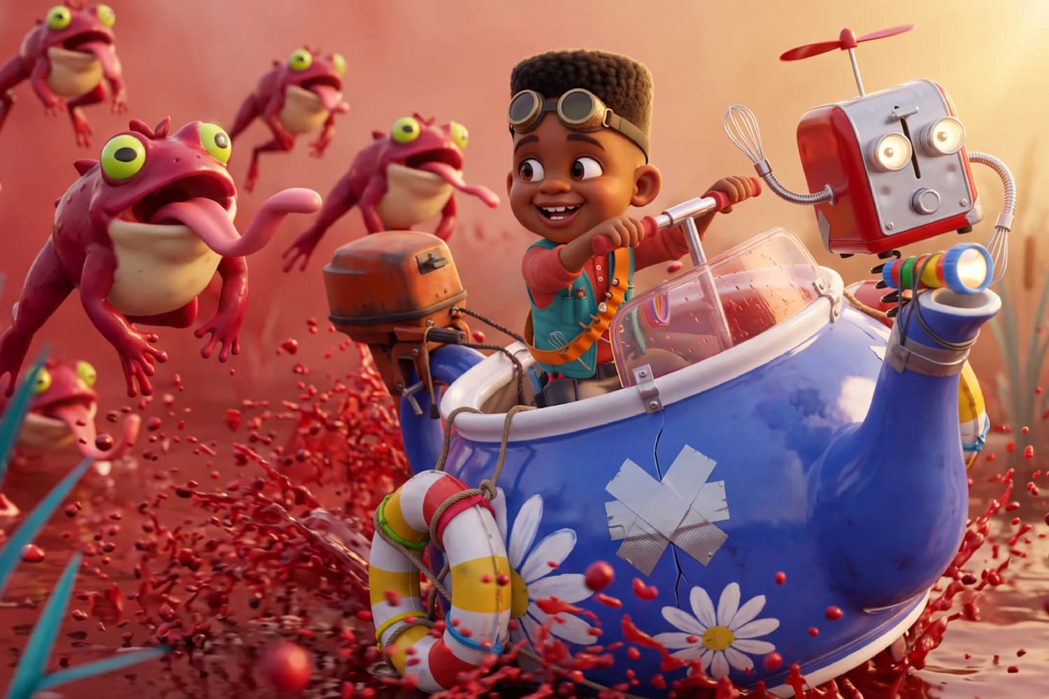 The example child and Doodad speed through a cranberry bog in a blue teapot boat while pink frogs leap after them in Home By Dinner.